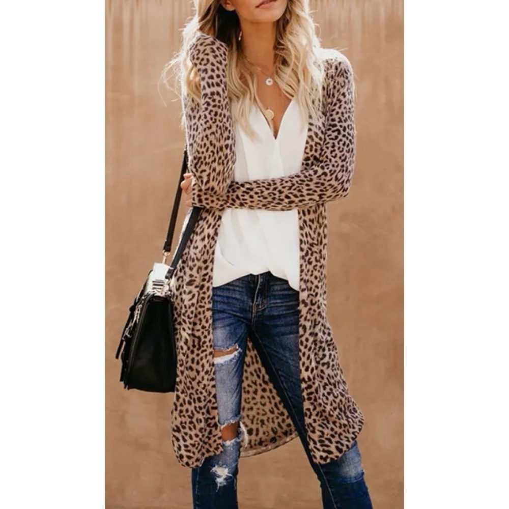 Leopard animal print open cardigan longline M casual cozy layering cheetah peach